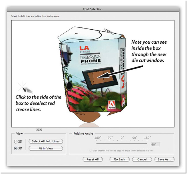 The 3D mode of the Fold Selection dialog box enables you to define the folding angle of the fold lines.