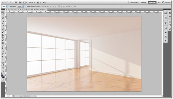  Obrázek 1. Nový soubor Photoshopu s pozadím prázdné místnosti.