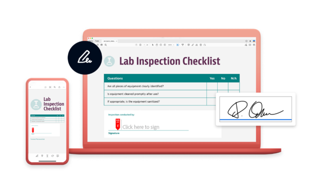 Un portatile e un dispositivo mobile con una checklist per ispezioni di laboratorio e un campo per la firma elettronica