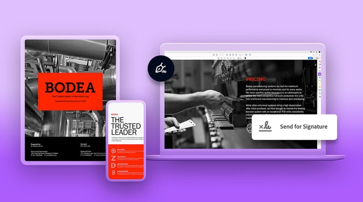 Una lettera di intenti visualizzata su tablet, smartphone e laptop tramite Adobe Sign