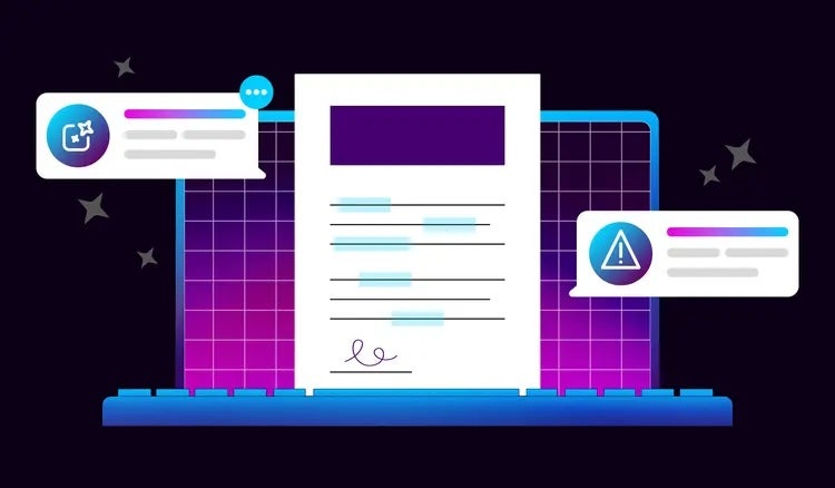 La revisione dei contratti con l’AI viene utilizzata su un documento visualizzato su un laptop.