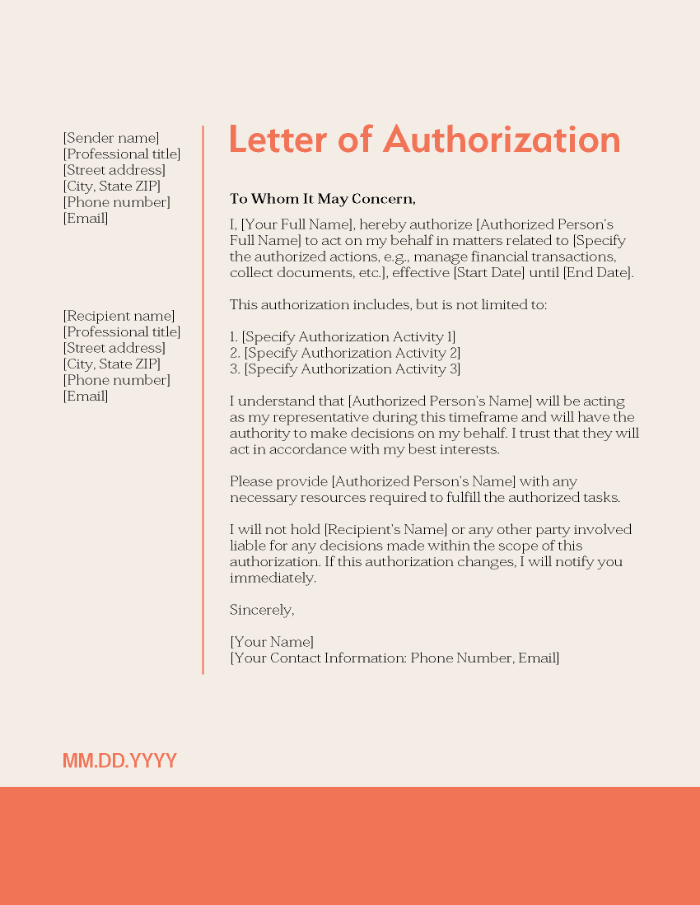 Schermata di un modello di lettera di autorizzazione.