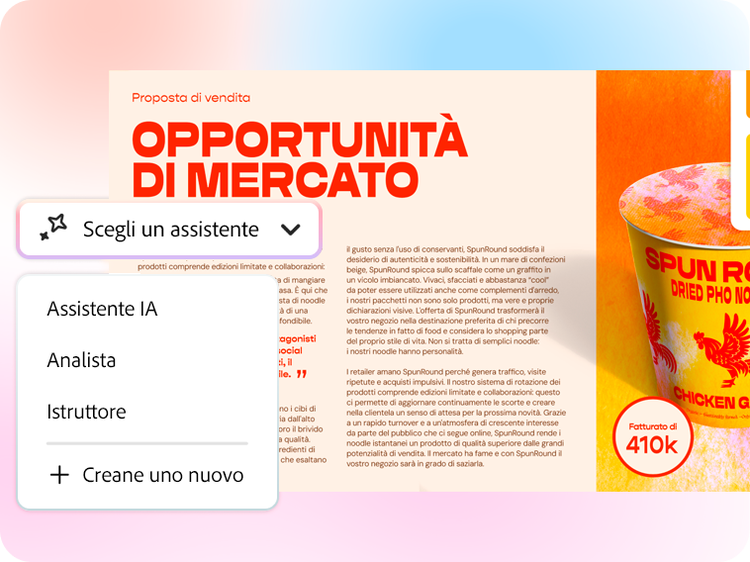 Uno screenshot di una proposta di vendita con un menu dell’assistente IA e un’opzione per scegliere tra Assistente IA, Analista o Istruttore.