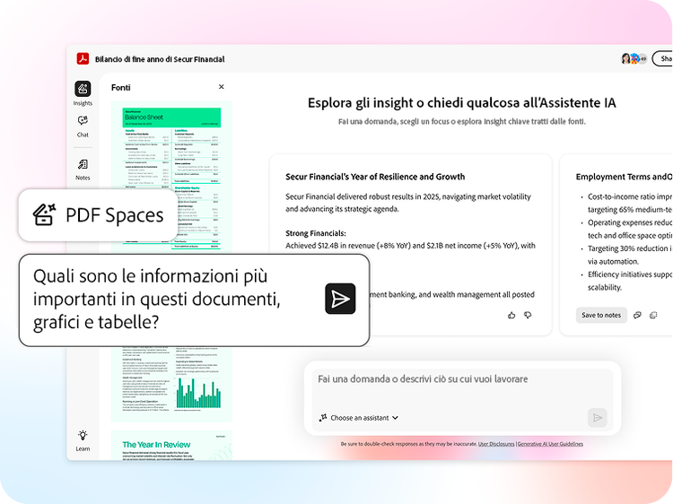 Un PDF Space basato sull’IA con una finestra di chat in evidenza in cui vengono richieste le informazioni fondamentali contenute nei documenti.