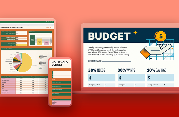Anteprime di modelli di budget gratuiti per un budget familiare mensile e un budget 50/30/20 con campi personalizzabili.