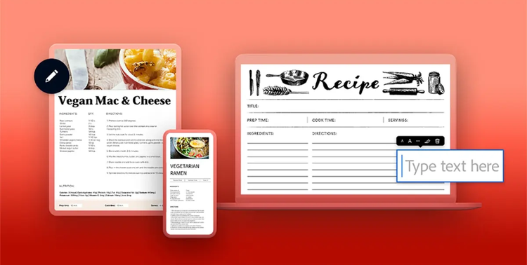 Modelli di schede ricetta digitali visualizzati su laptop e smartphone con modifica PDF in Adobe Acrobat