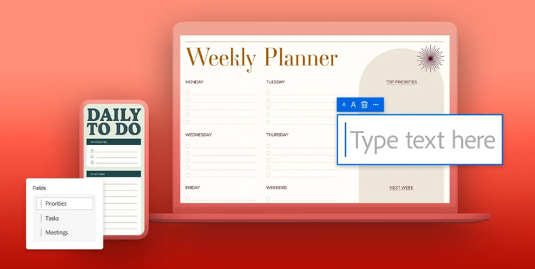 Modello di to-do list settimanale e giornaliera su dispositivi digitali con modifica PDF in Adobe Acrobat