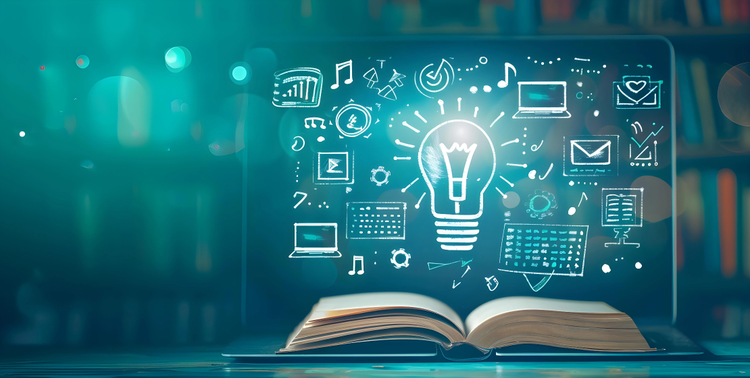 Illustrazione di alfabetizzazione digitale con libro aperto e icone tecnologiche che rappresentano apprendimento e cultura digitale