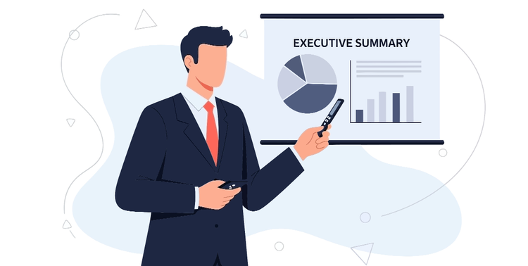 Professionista che presenta un executive summary con grafici su uno schermo durante una riunione aziendale