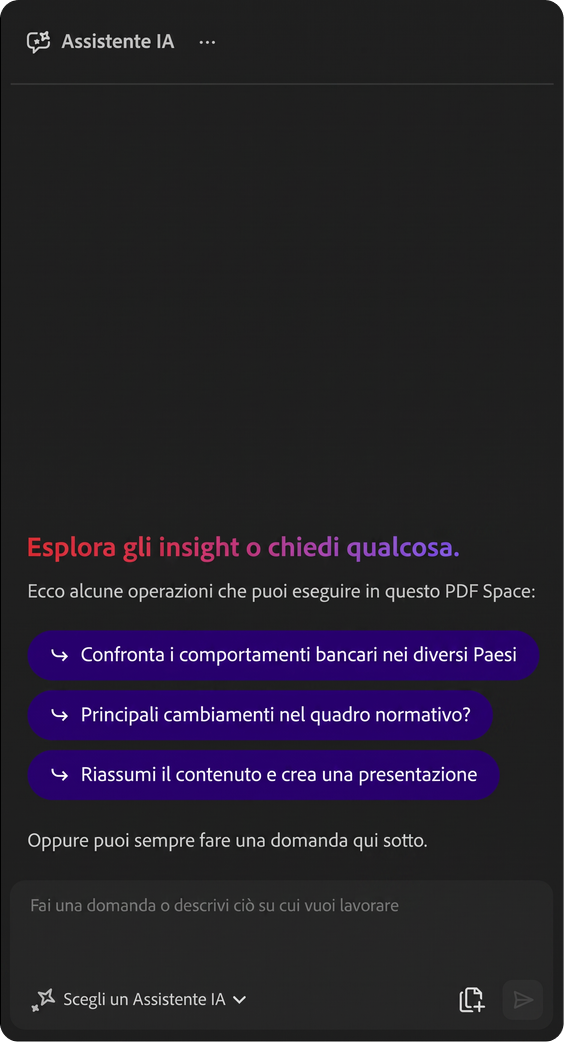 Assistente IA di Acrobat in un PDF Space, con prompt suggeriti e una casella di chat per fare domande sui file.