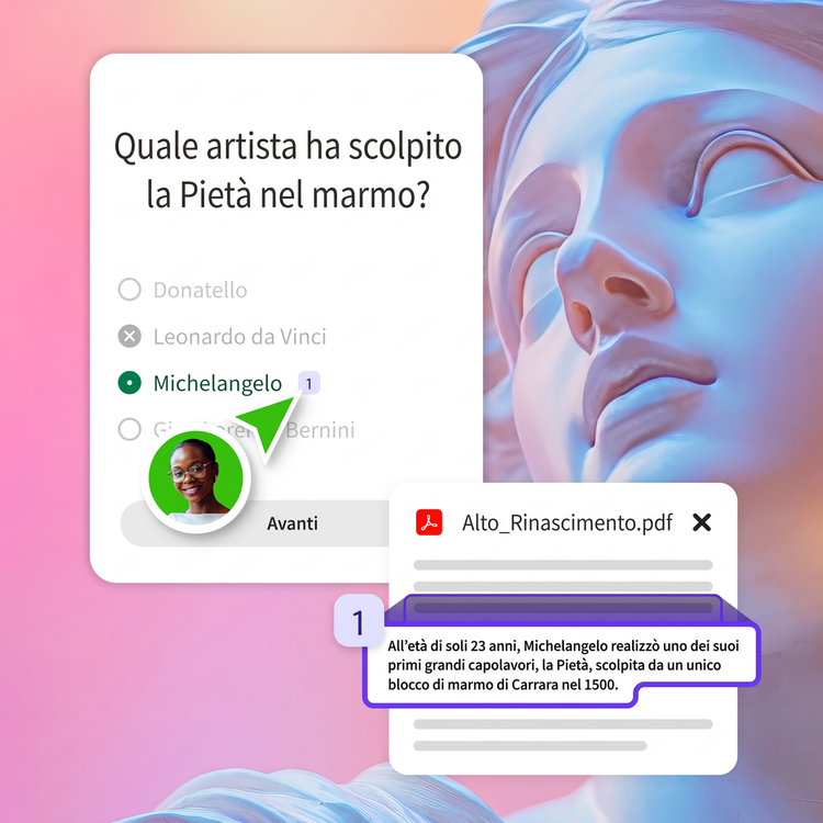 L’utente, all’interno di una bolla verde, seleziona la citazione accanto alla risposta corretta alla domanda del test. La risposta viene confermata da un dato riportato in un file PDF di riferimento pertinente.