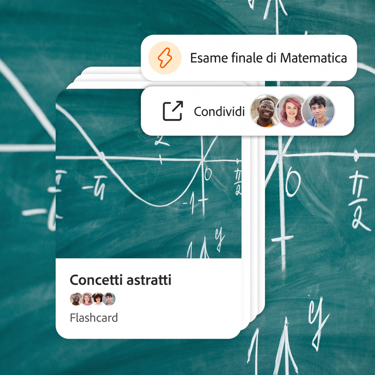 Le flashcard per l’esame finale di matematica avanzata sono condivise con tre collaboratori. Come sfondo e copertina del mazzo di flashcard è presente un primo piano di un grafico disegnato sulla lavagna.