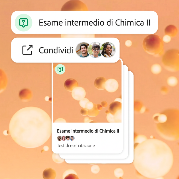 Il test per l’esame intermedio di chimica è condiviso con tre collaboratori. Molecole 3D di colore arancione fluttuano nello spazio, fungendo sia da sfondo che da copertina del mazzo di flashcard.