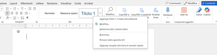 Schermata di Word con la funzionalità di Modifica degli stili in evidenza.
