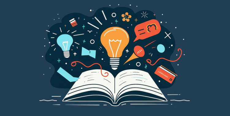 Illustrazione di un libro aperto con una grande lampadina gialla e diverse altre icone colorate