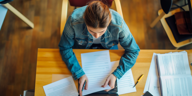 Studentessa tiene in mano dei fogli seduta a una scrivania con un computer e dei libri aperti.
