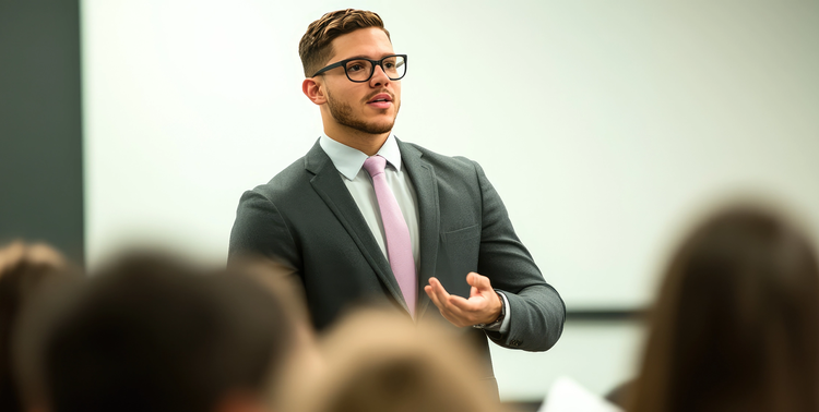 Giovane ragazzo con un completo elegante e occhiali che parla davanti a un pubblico.