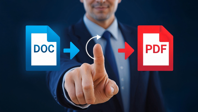 un'icona blu per il file in formato DOC e una rossa per il formato PDF. Sullo sfondo un uomo che indica la conversione da un formato all'altro.