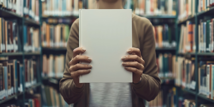 Donna in biblioteca che tiene in mano una tesi