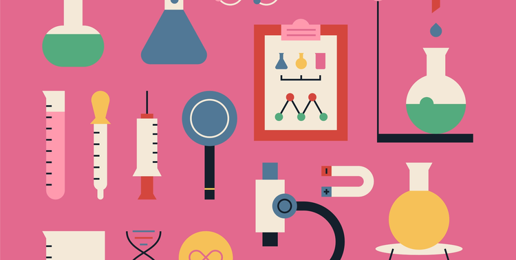 Illustrazione vettoriale con icone relative al mondo scientifico su sfondo rosa.