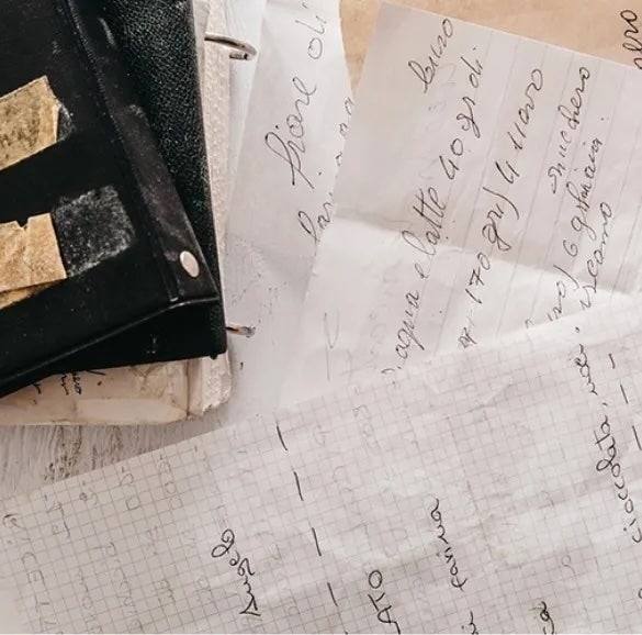 Ricette scritte a mano su fogli e quaderno