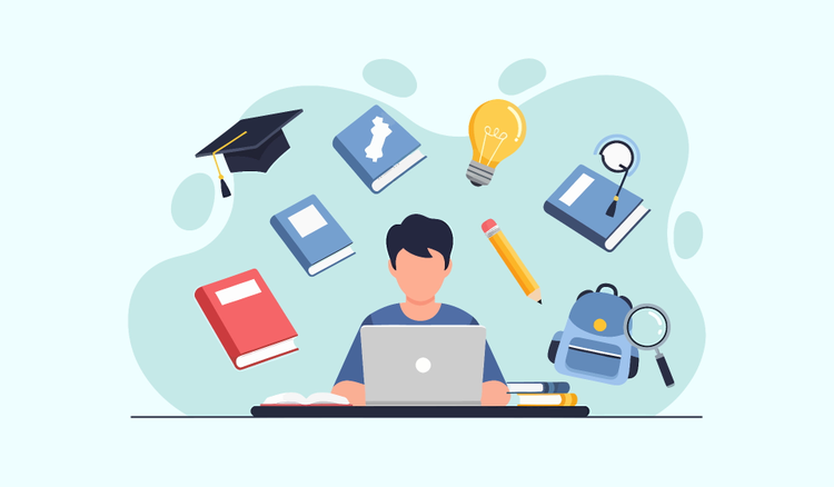 Un giovane studia al computer. È circondato da diverse icone che rappresentano la vita studentesca.