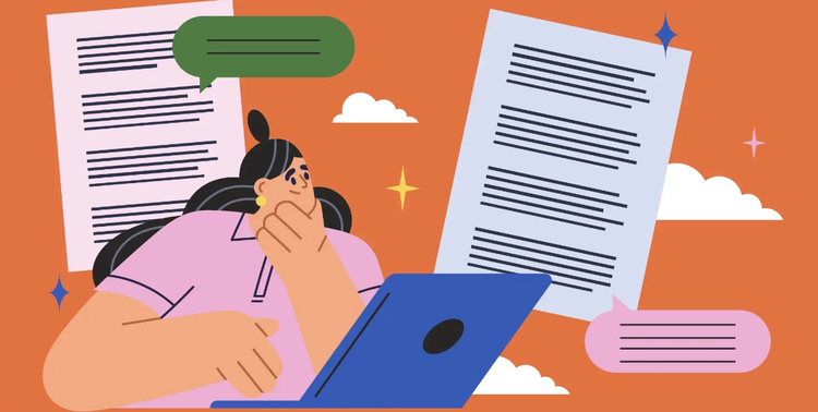 Donna che riformula un documento al computer per fare una parafrasi