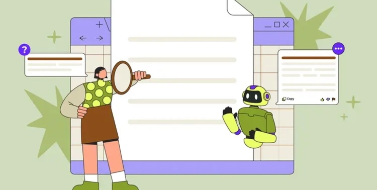 Donna che osserva un robot e interagisce con l’intelligenza artificiale