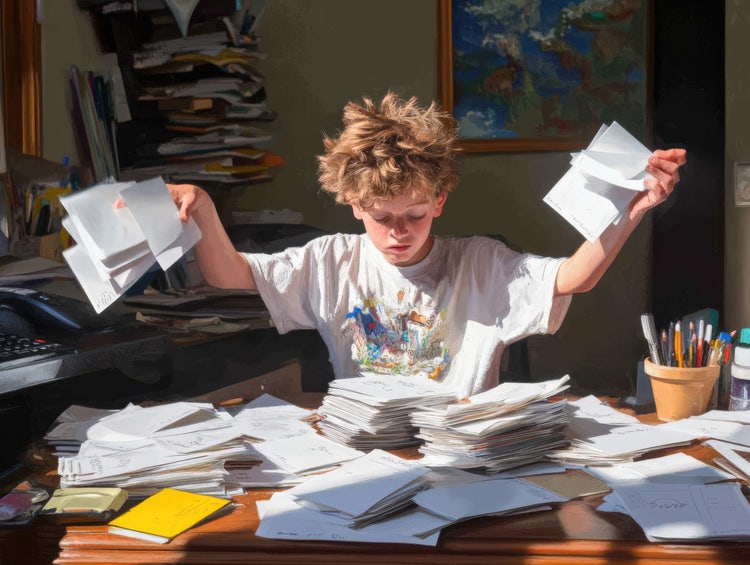 Ragazzino alla scrivania sommerso da fogli e blocchi di appunti