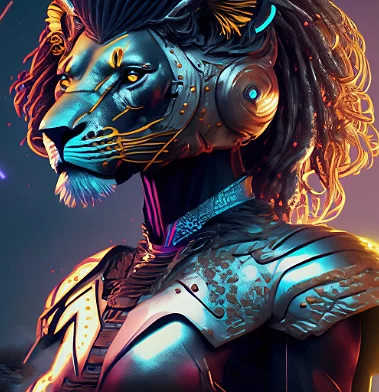 Immagine di un leone robot in 3D generata usando l'IA di Firefly per la creazione di risorse per sviluppatori di videogiochi