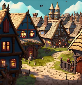Immagine con alcune case di un villaggio e una strada in pietra generata usando l'IA di Firefly per la progettazione dell'ambientazione di un videogioco