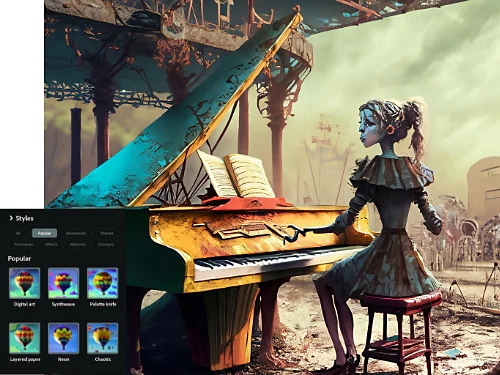 Grafica generata da Firefly con una ragazza che suona il piano e in sovrapposizione gli stili di arte IA più popolari disponibili