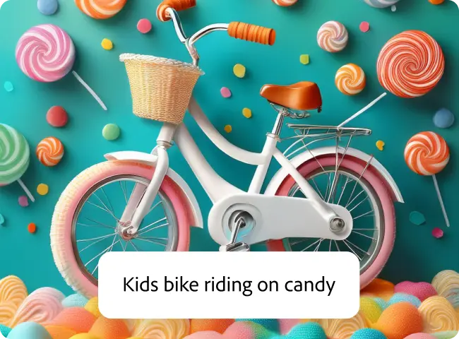 Bicicletta per bambini con caramelle sullo fondo generati in Adobe Express.