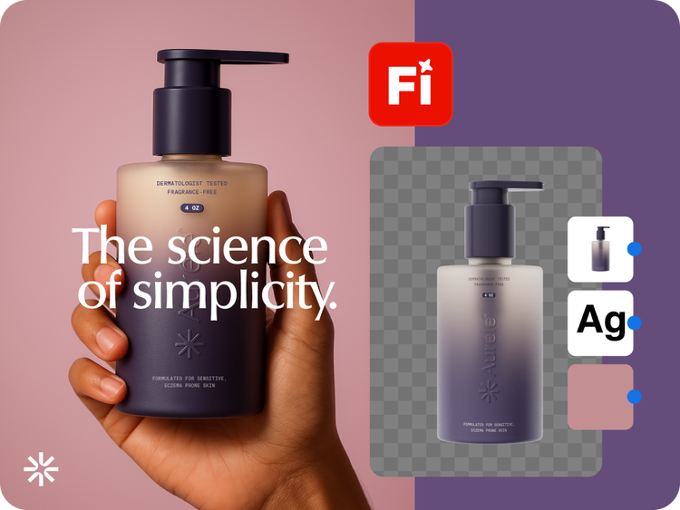 Immagine generata dall’IA di un flacone con dispenser di un prodotto skincare Autère formulato per pelli sensibili e soggette a eczema, dermatologicamente testato e privo di fragranze, tenuto in mano su uno sfondo rosa e viola con la scritta 'La scienza della semplicità'.