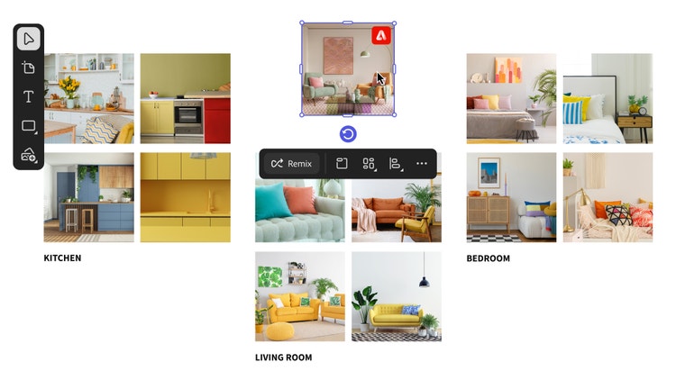 Alcune moodboard di interior design per diverse stanze che mostrano stili moderni e colorati.