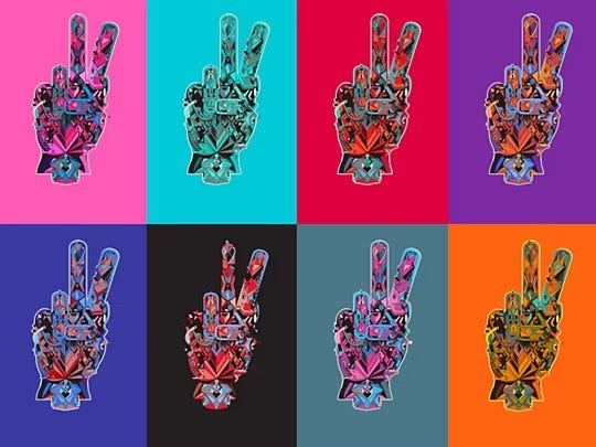 Versioni multiple di una mano che fa il segno della pace