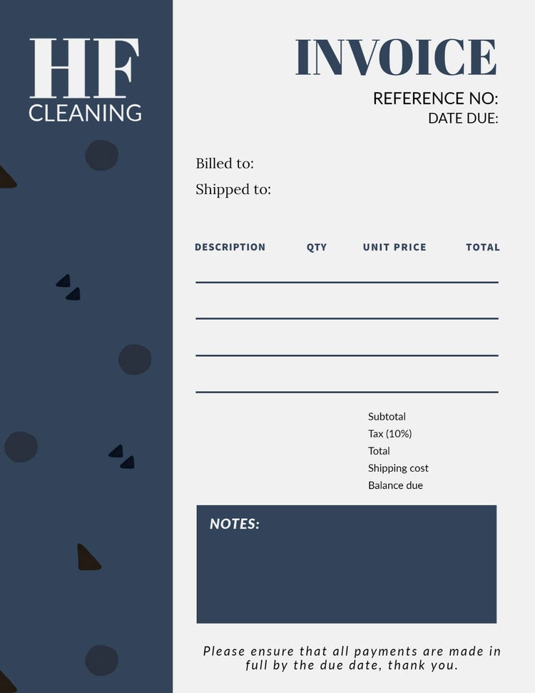 Navy and White Modern Cleaning Service Invoice