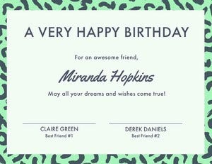Green Birthday Certificate from Friends Birthday Certificate