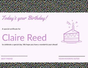 Pink Illustrated Birthday Certificate with Sprinkles and Cake Birthday Certificate