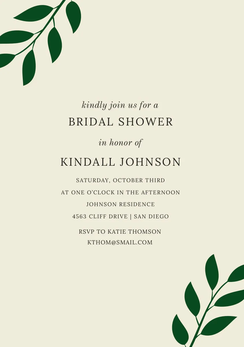 Bridal Shower Invitation Card with Leaves
