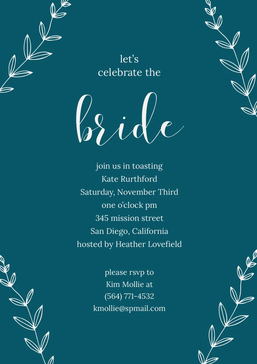 Blue Bridal Shower Invitation Card with Plants