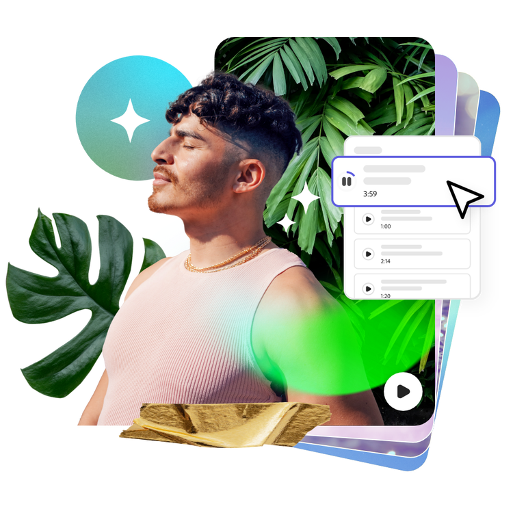 A colorful design featuring plants and a person in the foreground with closed eyes, along with the audio tool from Adobe Express.