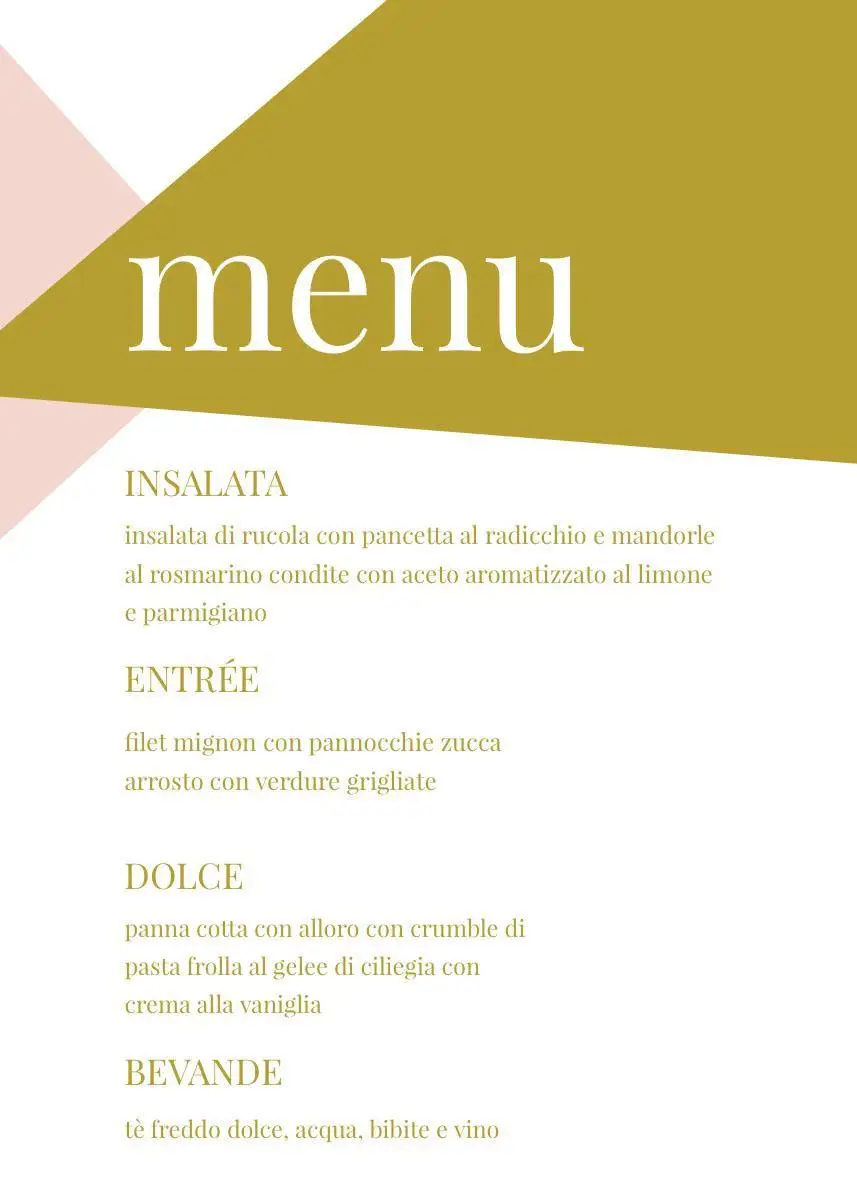 gold,pink,and white wedding menu