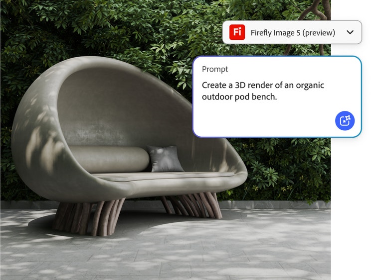 Immagine generata dall’IA di una panchina a capsula scultorea da esterno dal design organico e sinuoso, in un giardino rigoglioso, inserita nell’interfaccia di Adobe Firefly con il prompt visibile.