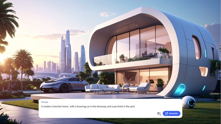 Immagine di una casa futuristica, creata con l’IA generativa, con un’auto volante e un robot domestico nel giardino, e una sovrimpressione del prompt da testo a immagine di Firefly.