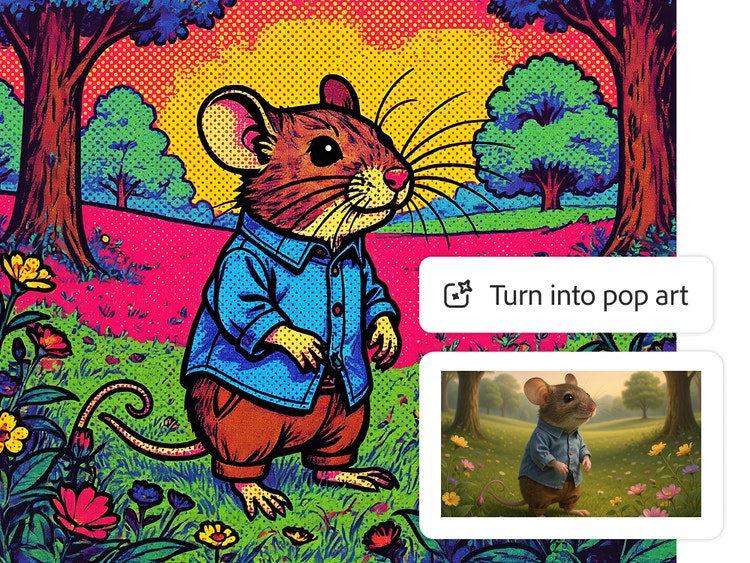Illustrazione in stile fumetto di un topo con una camicia azzurra in piedi in un campo, con sovrapposti un’immagine di riferimento dello stesso topo e il prompt di testo “trasforma in pop art”.