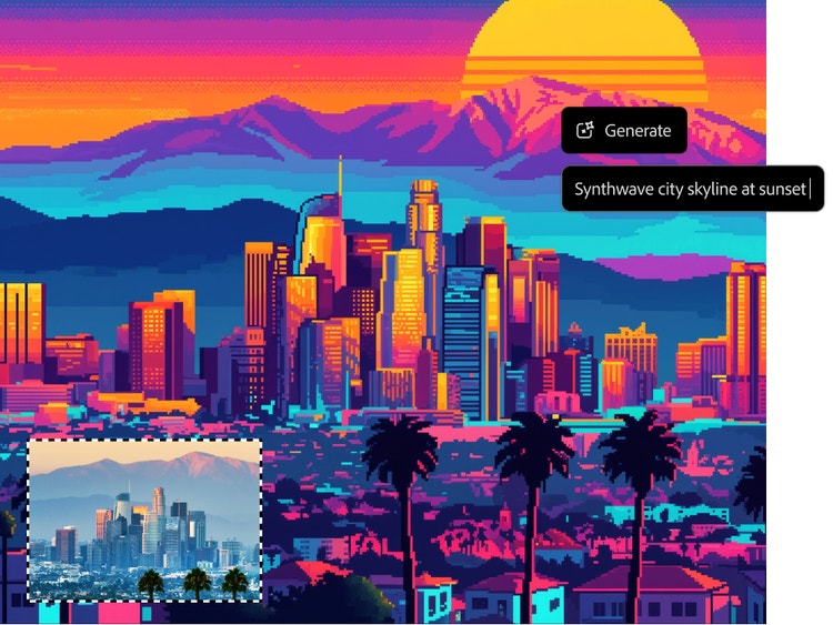 Un’immagine pixelata dello skyline di una città, inondata di rosa brillante e arancione. Nell’angolo in basso a sinistra c’è la fotografia di una città dall’aspetto simile. L’interfaccia utente sovrapposta mostra il prompt “Skyline di una città synthwave al tramonto”.