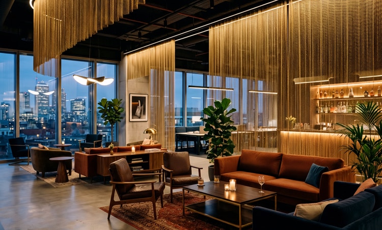 Sala relax moderna ed elegante con finestre a tutta altezza, vista sulla città, poltrone e divani disposti su più livelli, illuminazione calda e dettagli dorati sul soffitto.
