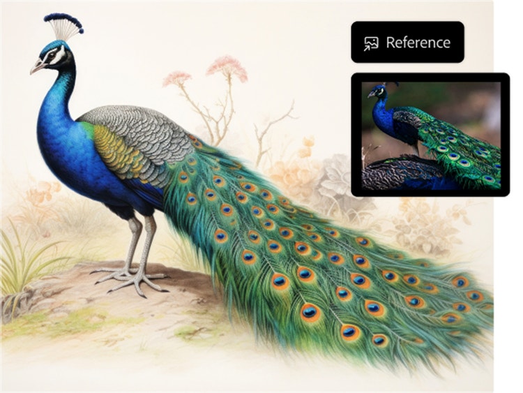 Un prompt da schizzo a immagine e la relativa composizione artistica di un pavone creata dall’IA utilizzando un’immagine di riferimento nel generatore di arte IA