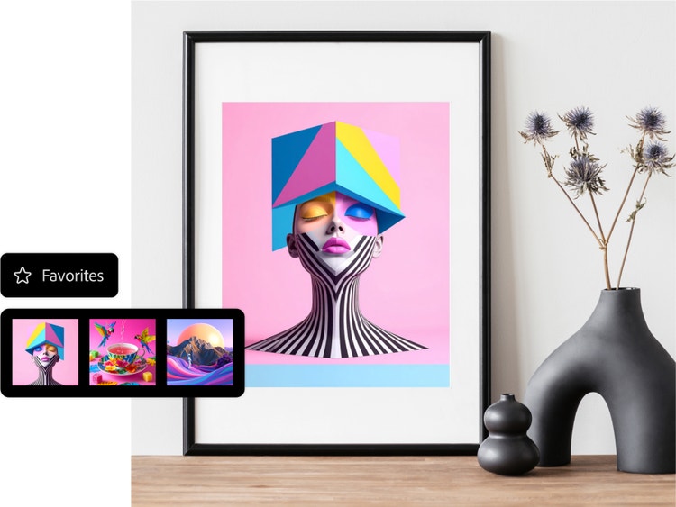 Grafica di un ritratto surreale con un cappello geometrico a forma di cubo, inserito in una cornice moderna con sfondo minimalista in stile interior design e diverse opzioni di stile nel generatore di progetti grafici IA